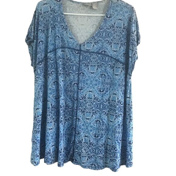 Kenar Size 2X Paisley Blue and White V Neck Blouse - Picture 8 of 9